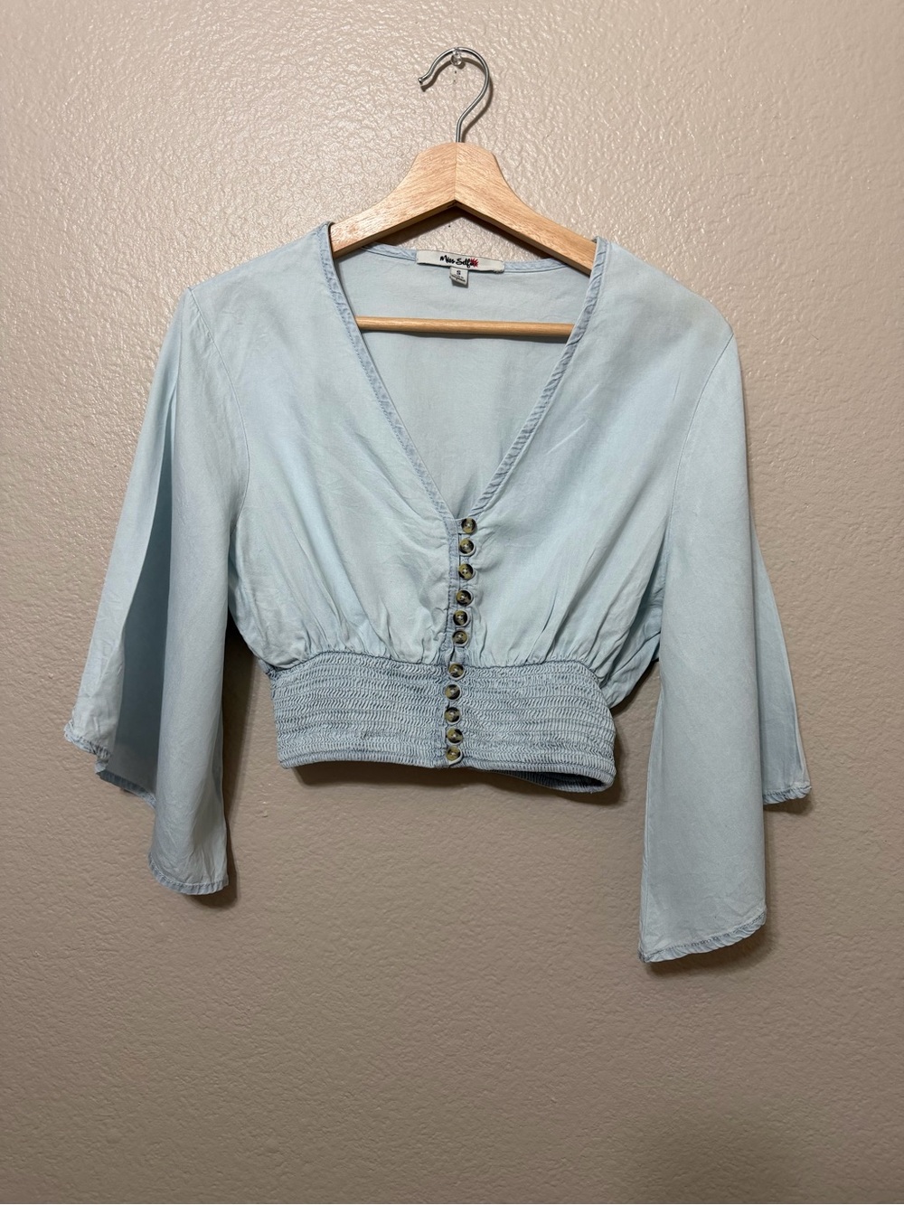 Crop Top Light Blue Smocked Long Wide Sleeves Button Top S Festival Boho